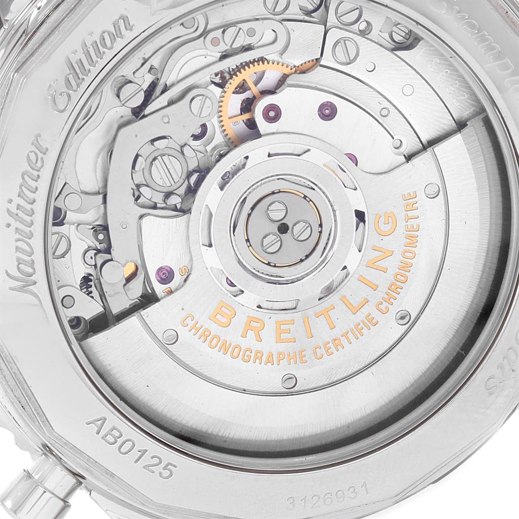 The image shows the back view of the Breitling Navitimer AB0125 Men's Stainless Steel Blue Dial AB0125 Men's Stainless Steel Blue Dial watch, revealing its detailed mechanical movement.