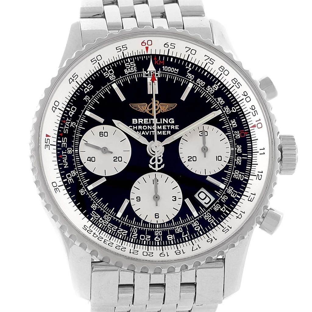 This image shows a frontal view of a Breitling Navitimer A23322 Men's Stainless Steel Silver Dial A23322 Men's Stainless Steel Silver Dial watch, highlighting the dial, subdials, bezel, and bracelet.