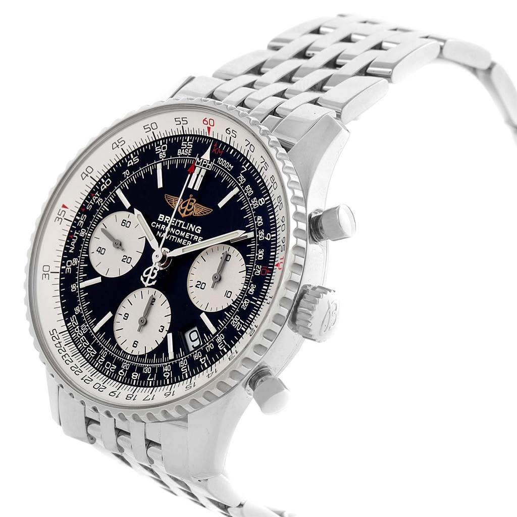The image shows a side angle of a Breitling Navitimer A23322 Men's Stainless Steel Silver Dial A23322 Men's Stainless Steel Silver Dial watch, highlighting the face, bezel, and stainless steel bracelet.