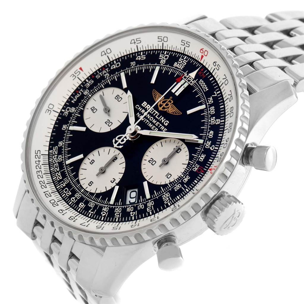 The image shows a close-up angled view of a Breitling Navitimer A23322 Men's Stainless Steel Silver Dial A23322 Men's Stainless Steel Silver Dial watch, highlighting its dial, bezel, crown, and bracelet.