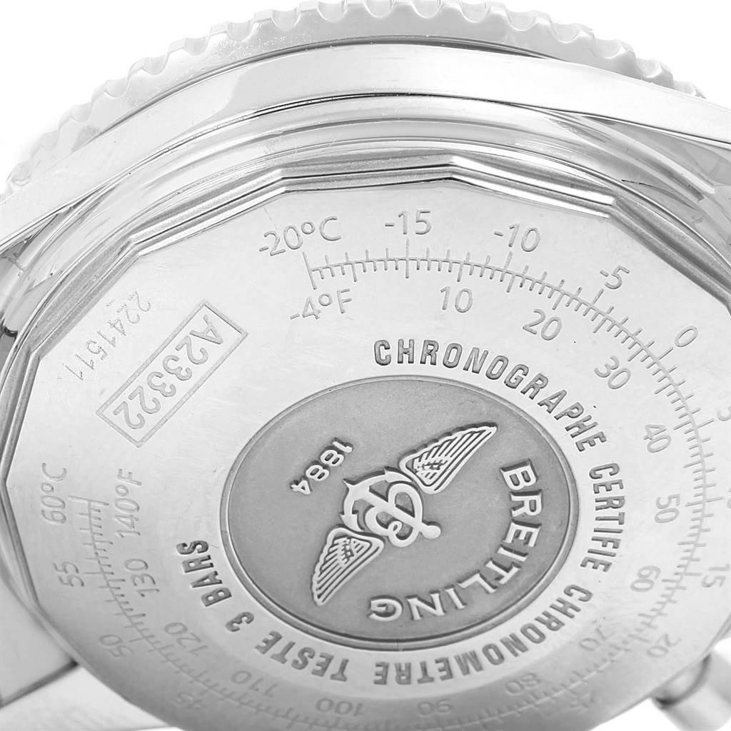 This image shows a close-up of the case back of a Breitling Navitimer A23322 Men's Stainless Steel Silver Dial A23322 Men's Stainless Steel Silver Dial watch.