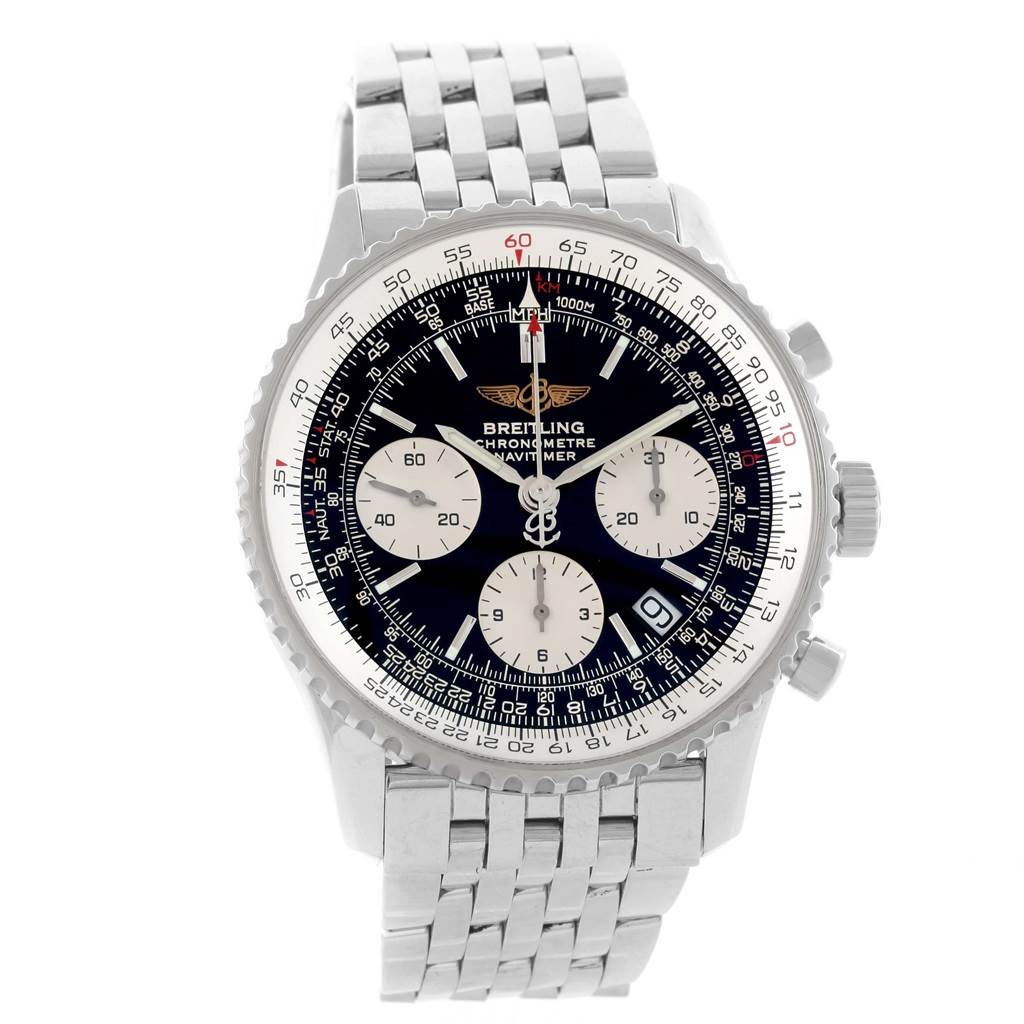 The image shows a full frontal view of a Breitling Navitimer A23322 Men's Stainless Steel Silver Dial A23322 Men's Stainless Steel Silver Dial watch, displaying its face, bezel, and metal bracelet.