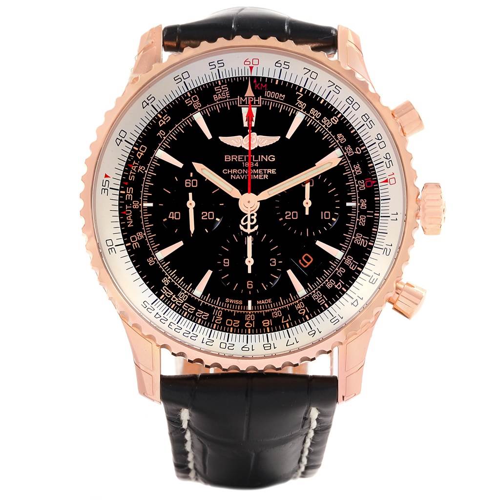 The Breitling Navitimer RB0127E6-BF16-760P Men's Rose Gold Black Dial RB0127E6-BF16-760P Men's Rose Gold Black Dial watch is shown from a front view, highlighting its black dial, chronograph features, and leather strap.