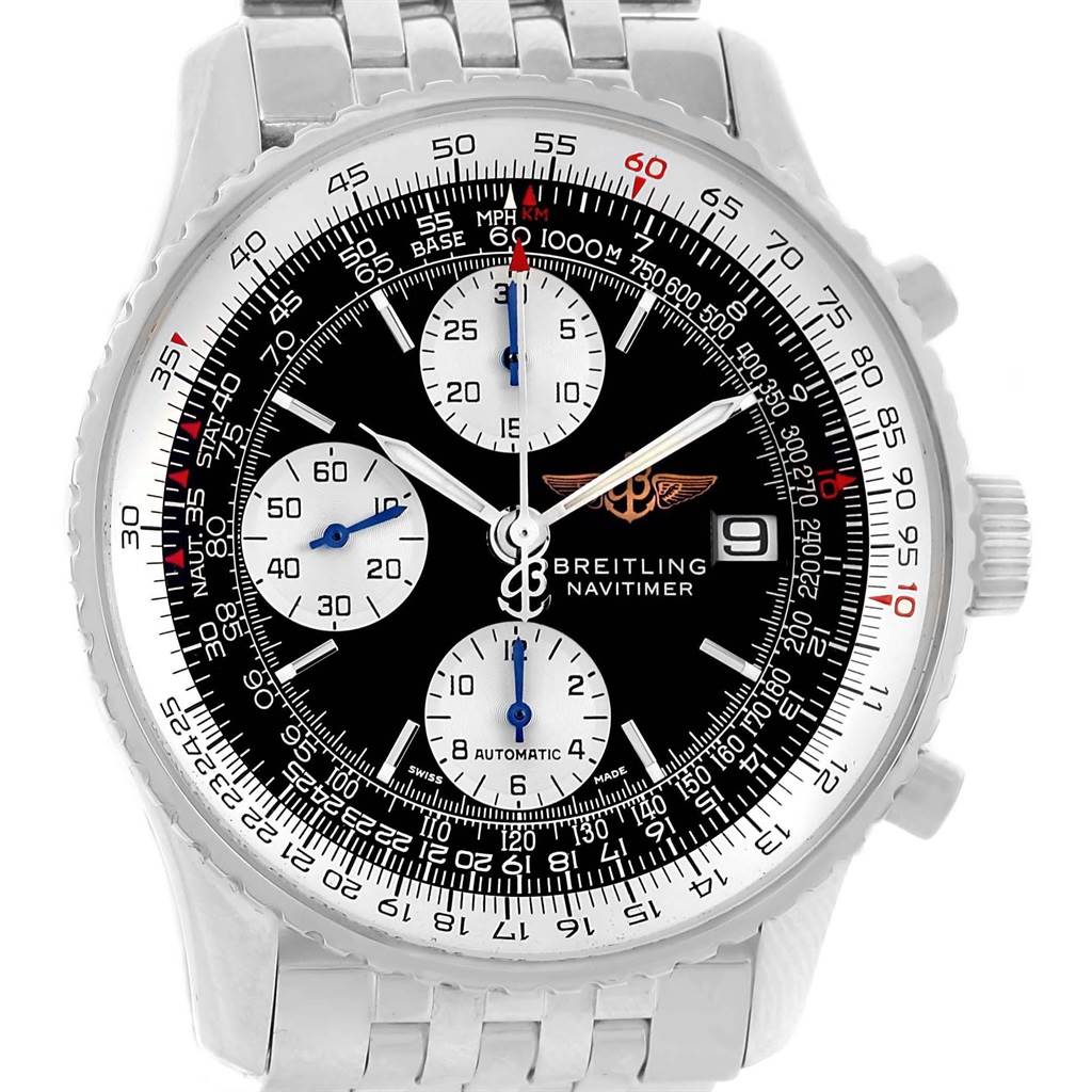 The image shows a front view of the Breitling Navitimer A13322 Men's Stainless Steel Black Dial A13322 Men's Stainless Steel Black Dial watch, displaying the dial, hands, subdials, and bezel.
