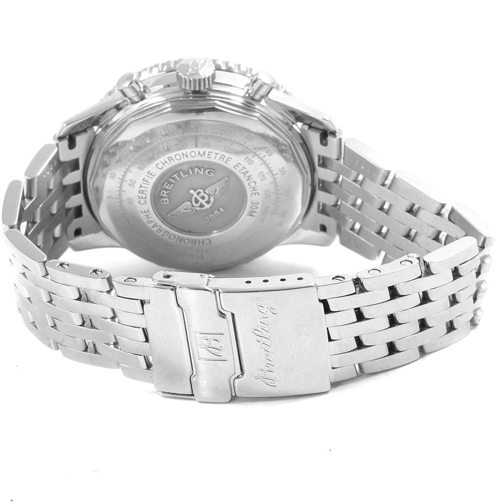 The image shows the back case and stainless steel bracelet of a Breitling Navitimer A13322 Men's Stainless Steel Black Dial A13322 Men's Stainless Steel Black Dial watch at an angle.