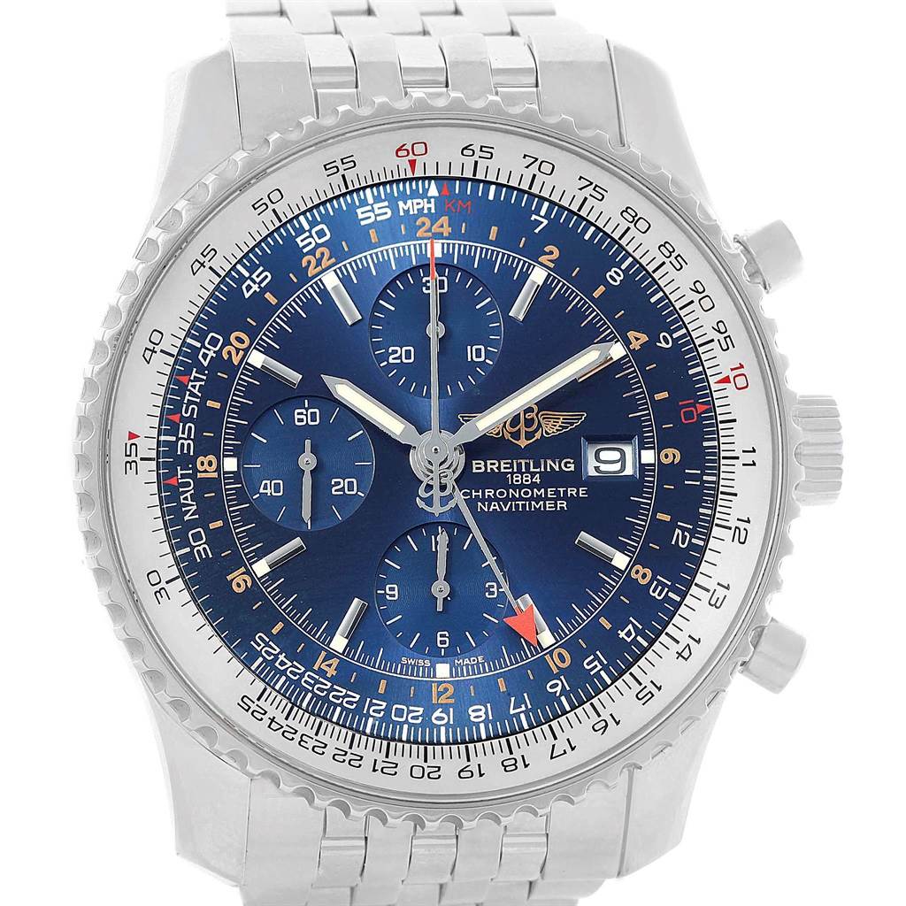 This image shows a frontal view of a Breitling Navitimer A24322 Men's Stainless Steel Blue Dial A24322 Men's Stainless Steel Blue Dial watch, featuring its blue dial, chronograph subdials, and date display.