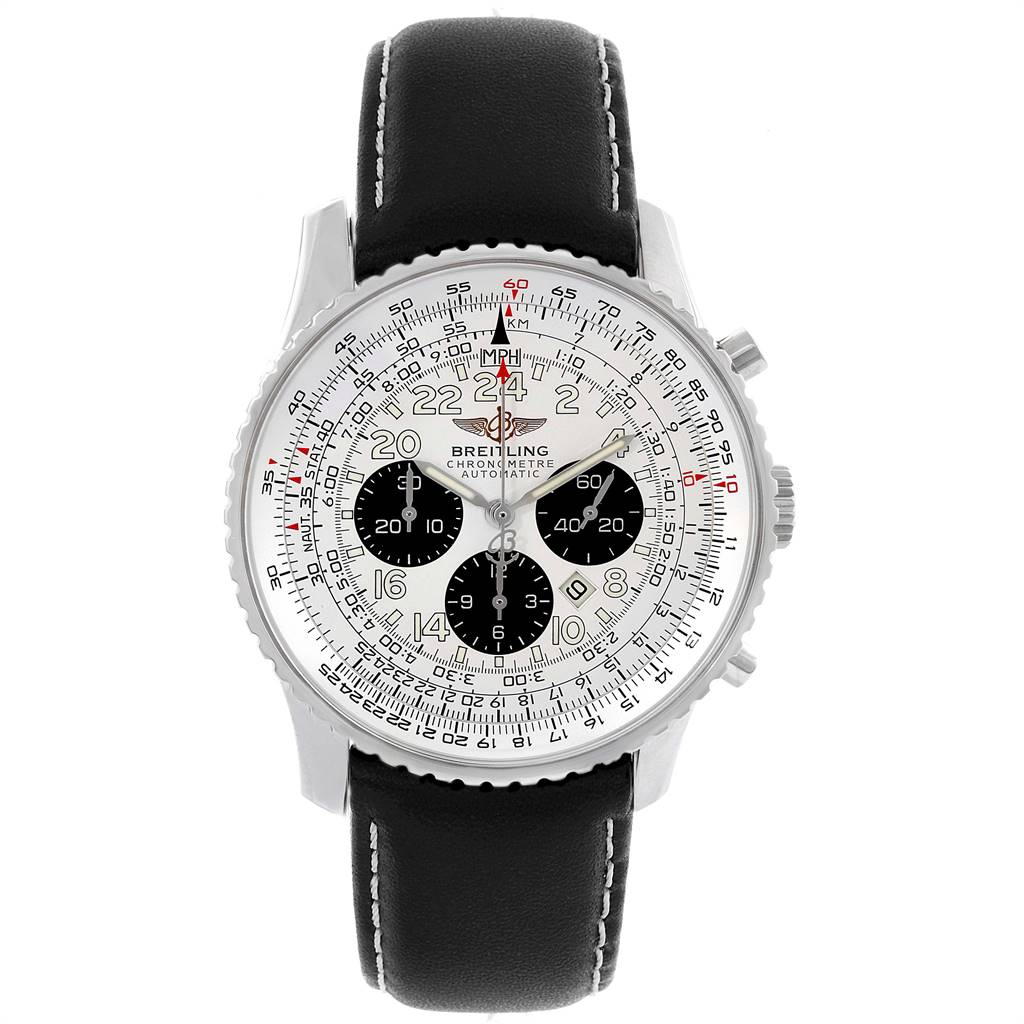 This image shows a Breitling Navitimer A22322 Men's Stainless Steel Silver Dial A22322 Men's Stainless Steel Silver Dial watch with a black leather strap and a detailed white dial featuring multiple subdials.
