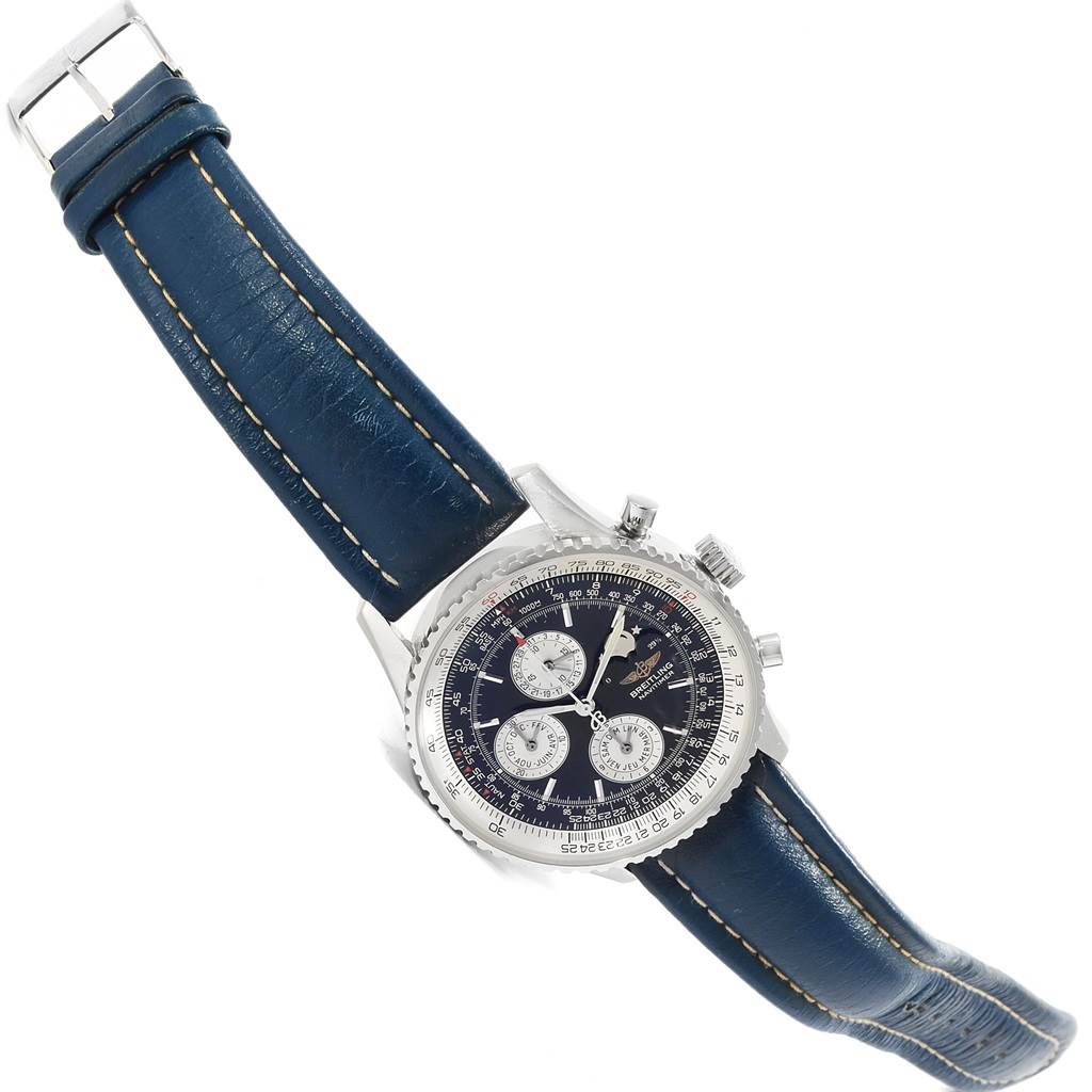 The image shows a Breitling Navitimer A19340 Men's Stainless Steel Blue Dial A19340 Men's Stainless Steel Blue Dial watch at an angle displaying the full face and leather strap.