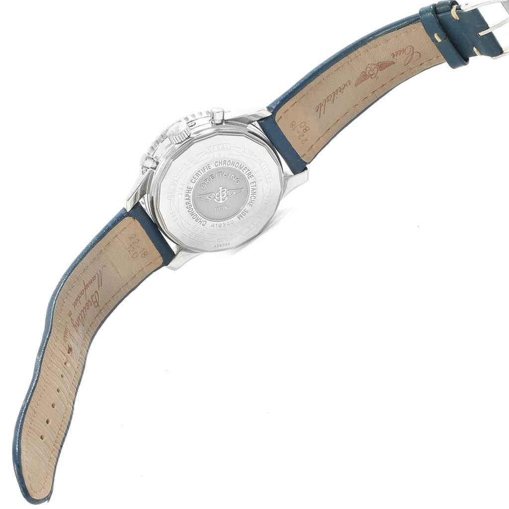 The image shows the back case and straps of a Breitling Navitimer A19340 Men's Stainless Steel Blue Dial A19340 Men's Stainless Steel Blue Dial watch.