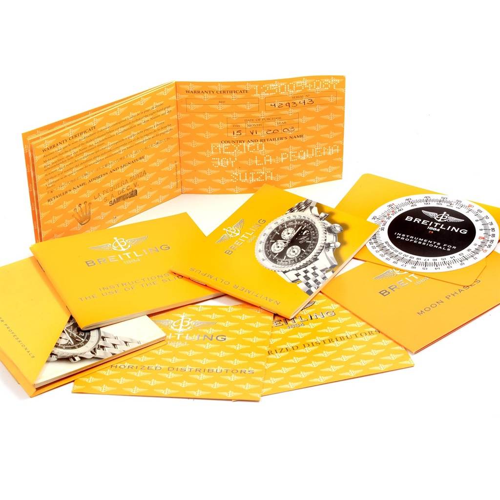 The image shows various booklets and a warranty certificate for the Breitling Navitimer A19340 Men's Stainless Steel Blue Dial A19340 Men's Stainless Steel Blue Dial watch.