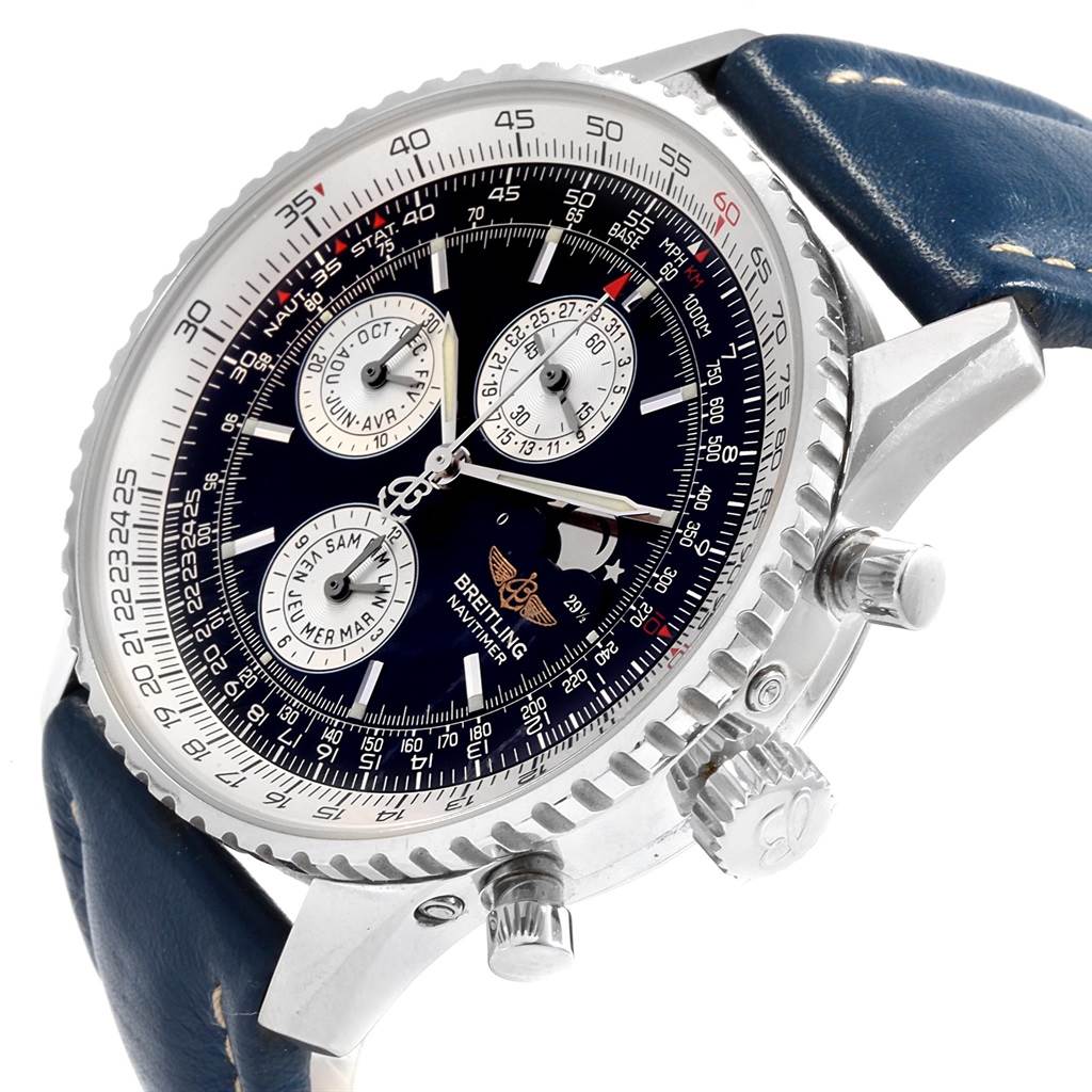 The Breitling Navitimer A19340 Men's Stainless Steel Blue Dial A19340 Men's Stainless Steel Blue Dial watch is shown at a slight angle, highlighting the face, bezel, crown, and chronograph pushers.