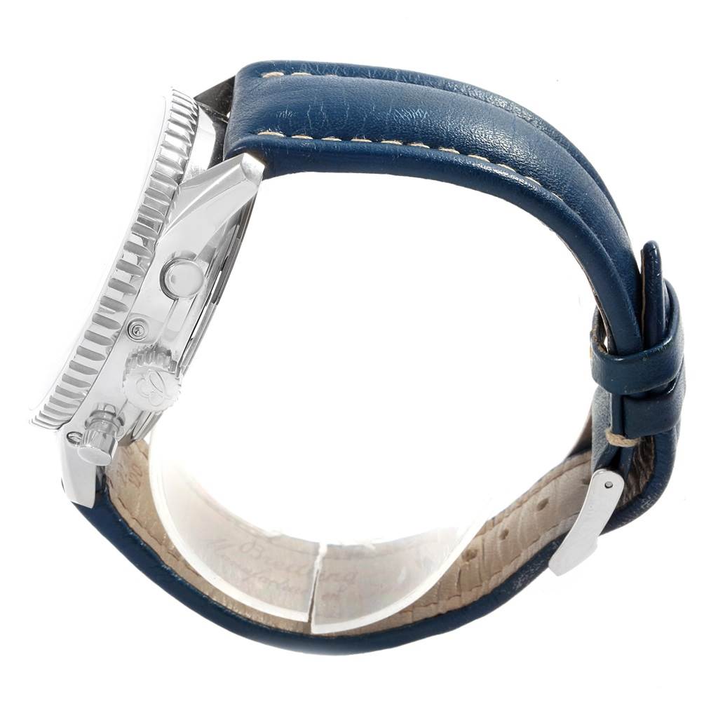 Side view of the Breitling Navitimer A19340 Men's Stainless Steel Blue Dial A19340 Men's Stainless Steel Blue Dial watch showing the crown, pushers, and blue leather strap.
