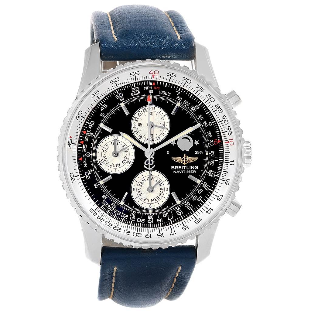 The Breitling Navitimer A19340 Men's Stainless Steel Blue Dial A19340 Men's Stainless Steel Blue Dial watch is shown from the front, highlighting its black dial, subdials, and blue leather strap.
