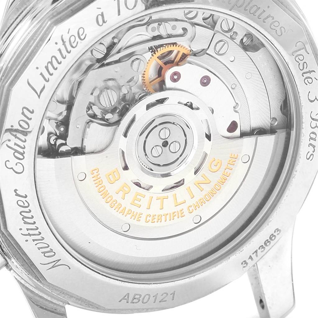 This image shows the case back and movement of a Breitling Navitimer AB0121 Men's Stainless Steel Blue Dial AB0121 Men's Stainless Steel Blue Dial watch, showcasing its internal mechanism.