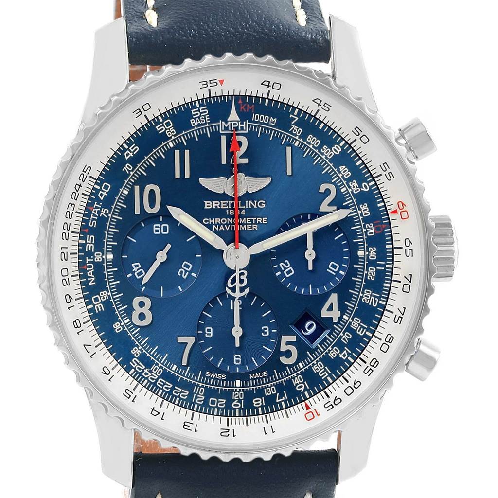 The image shows a front view of the Breitling Navitimer AB0121 Men's Stainless Steel Blue Dial AB0121 Men's Stainless Steel Blue Dial watch, highlighting its blue dial, chronograph subdials, bezel, and leather strap.