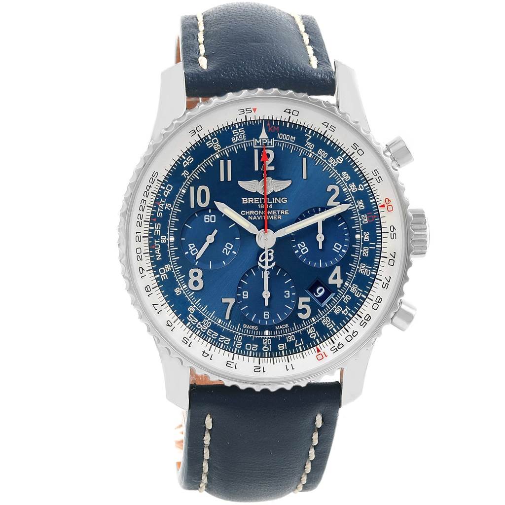 The image shows a front view of the Breitling Navitimer AB0121 Men's Stainless Steel Blue Dial AB0121 Men's Stainless Steel Blue Dial watch, featuring its dial, bezel, and leather strap.