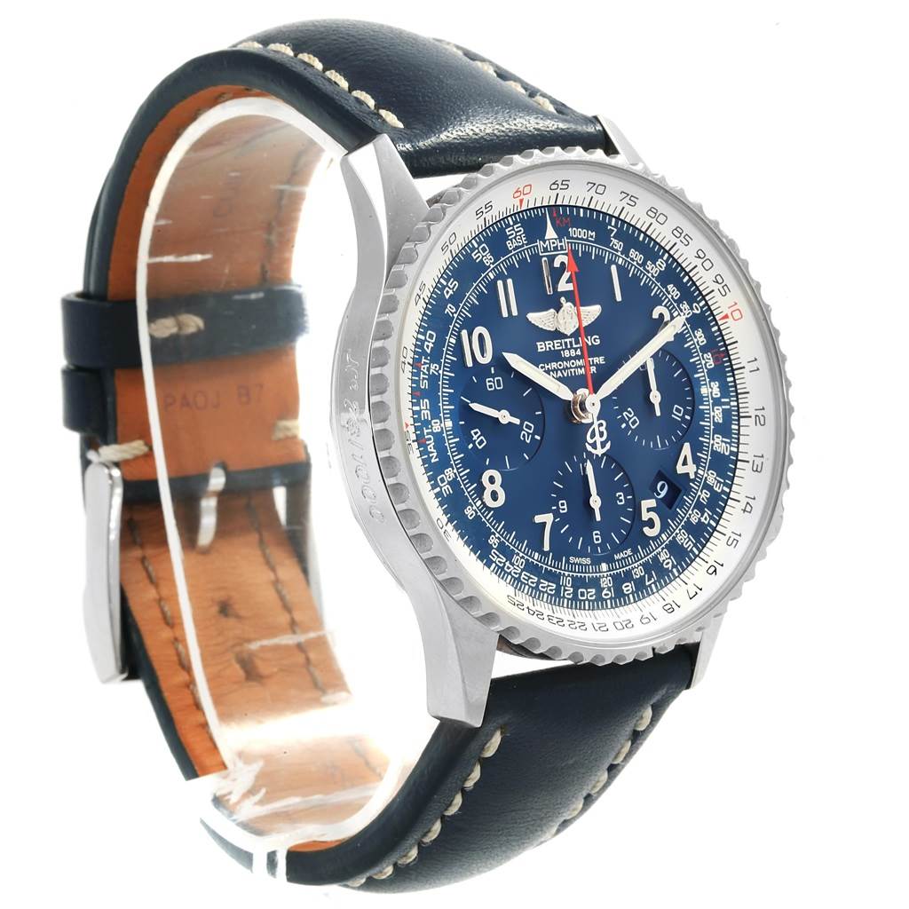 The image shows a Breitling Navitimer AB0121 Men's Stainless Steel Blue Dial AB0121 Men's Stainless Steel Blue Dial watch from an angled side view, highlighting the dial, bezel, and leather strap.