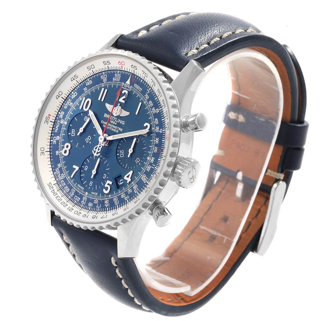 The image shows a Breitling Navitimer AB0121 Men's Stainless Steel Blue Dial AB0121 Men's Stainless Steel Blue Dial watch at a three-quarter angle, highlighting the blue dial, bezel, and leather strap.