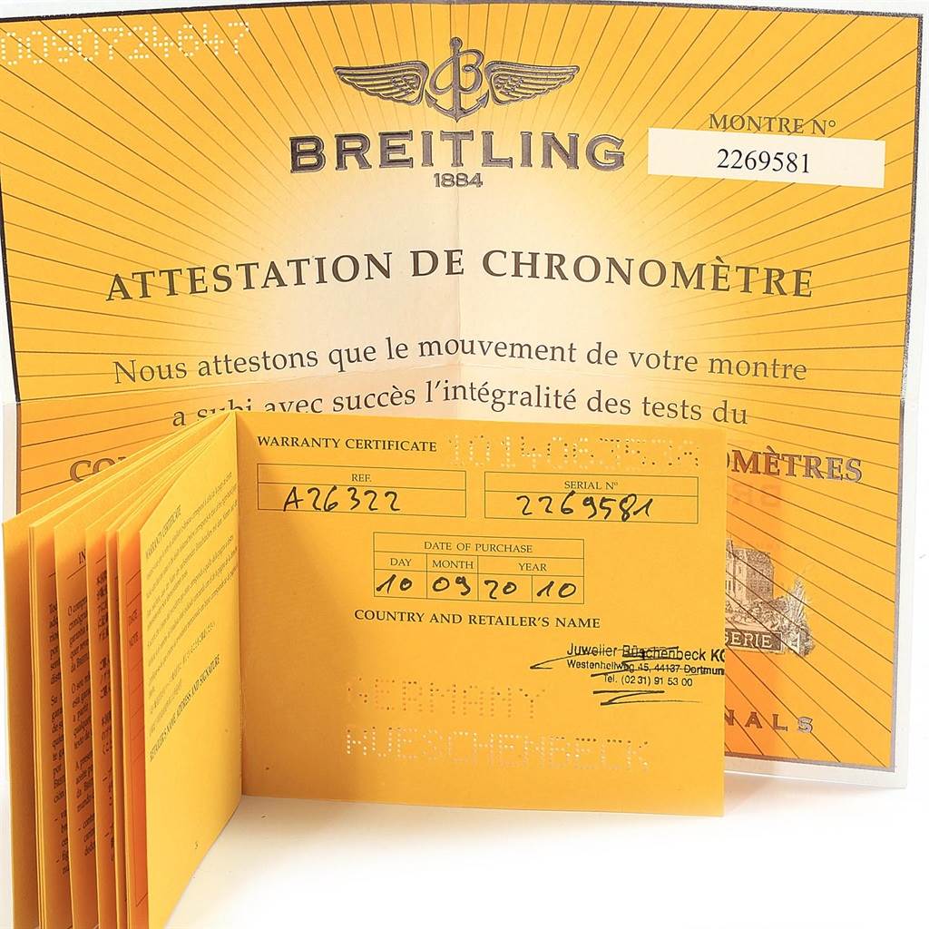 The image shows warranty and chronometer certificates for a Breitling Navitimer A26322 Men
s Stainless Steel Black Dial A26322 Men
s Stainless Steel Black Dial watch.