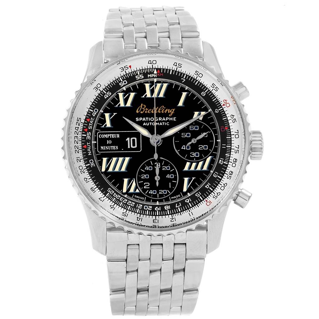 The image displays the front of a Breitling Navitimer A36030 Men's Stainless Steel Black Dial A36030 Men's Stainless Steel Black Dial watch, showcasing its detailed dial, bezel, and metal bracelet.
