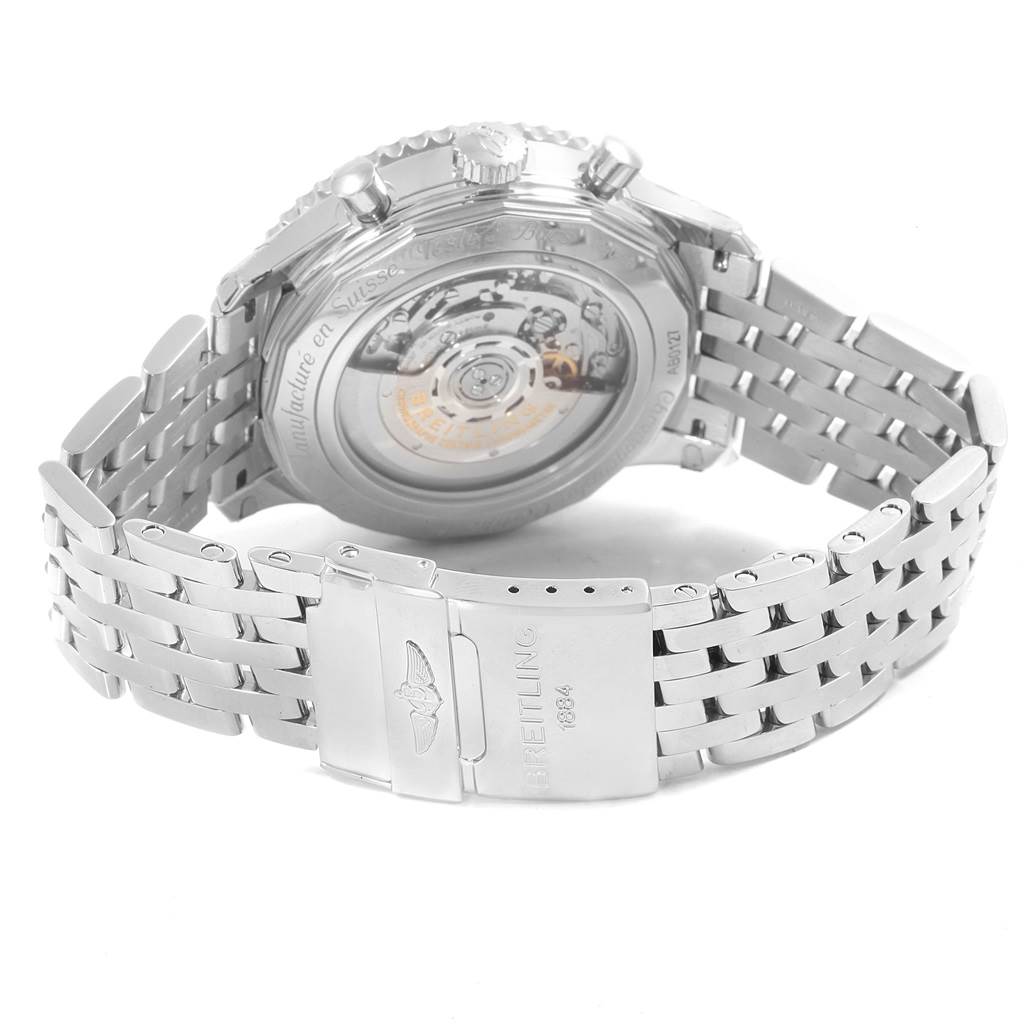 The image shows the back view of a Breitling Navitimer AB012721-BD09SS Men
s Stainless Steel Black Dial AB012721-BD09SS Men
s Stainless Steel Black Dial watch, highlighting the clasp and movement through the transparent case back.