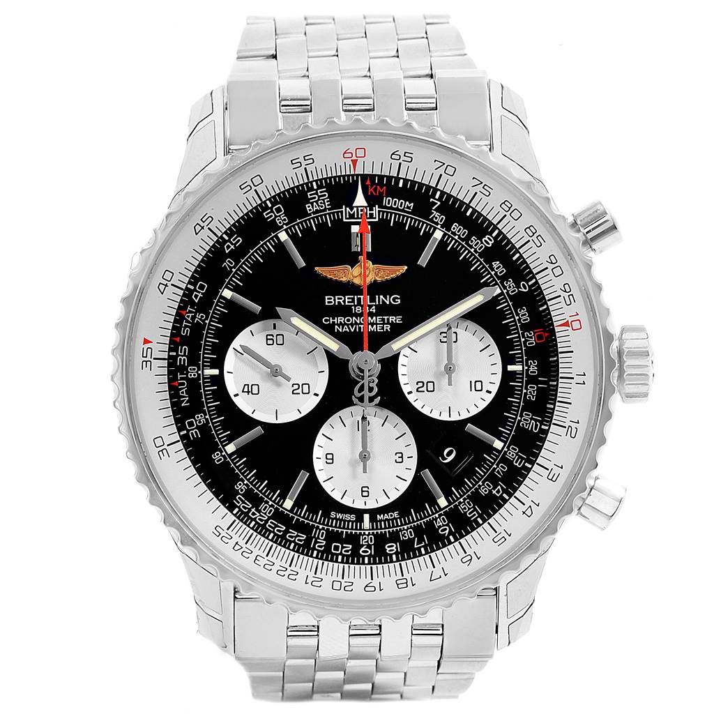 The image shows a front view of the Breitling Navitimer AB012721-BD09SS Men
s Stainless Steel Black Dial AB012721-BD09SS Men
s Stainless Steel Black Dial watch, highlighting its dial, bezel, chronograph subdials, and bracelet.