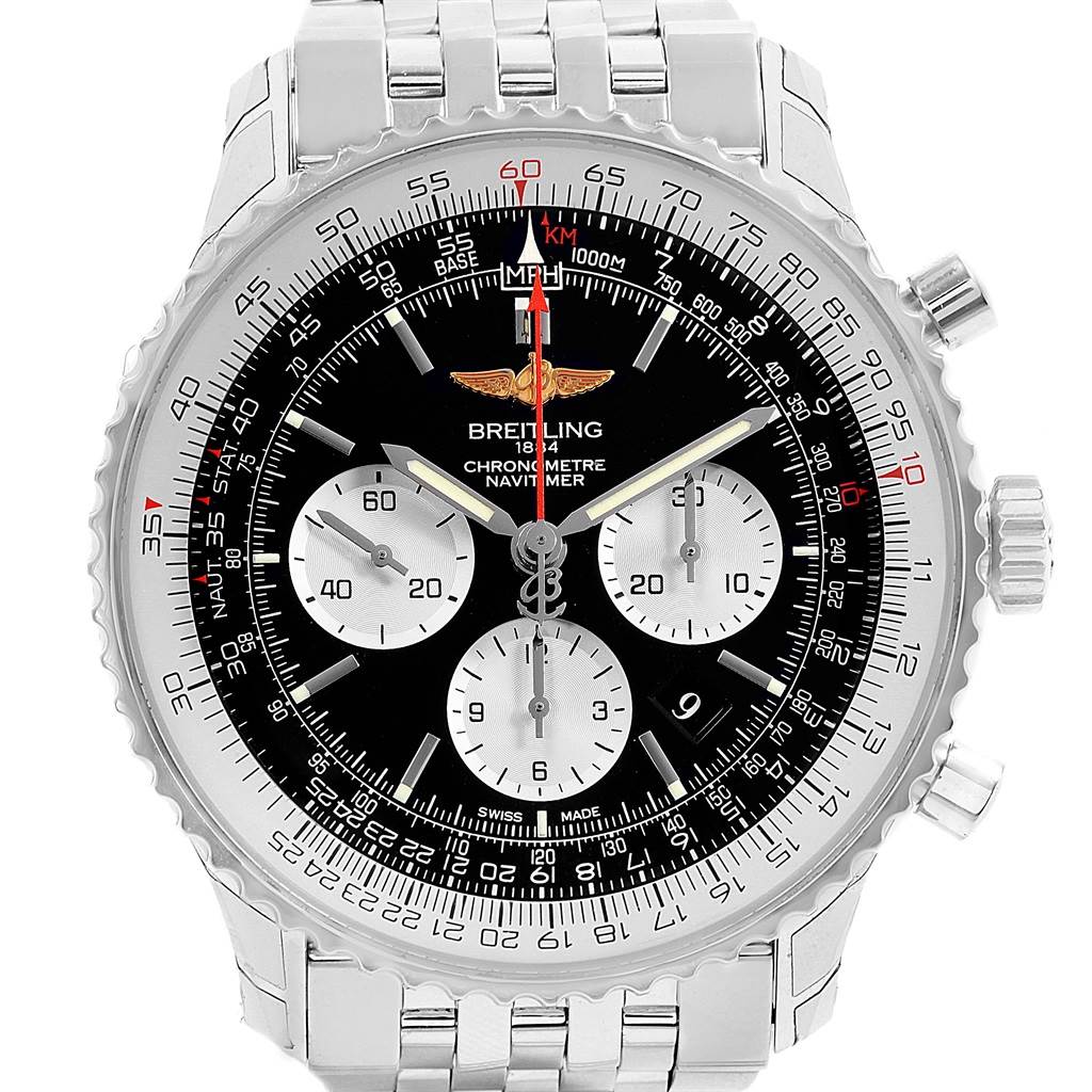 The image shows a front view of the Breitling Navitimer AB012721-BD09SS Men
s Stainless Steel Black Dial AB012721-BD09SS Men
s Stainless Steel Black Dial watch, featuring its chronograph dials, bezel, bracelet, and crown.