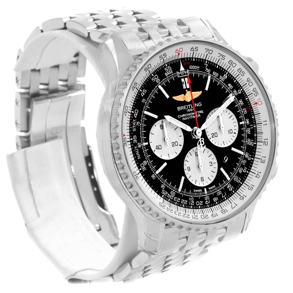 This image shows a Breitling Navitimer AB012721-BD09SS Men
s Stainless Steel Black Dial AB012721-BD09SS Men
s Stainless Steel Black Dial watch at a three-quarter angle, highlighting the face and part of the metal band.