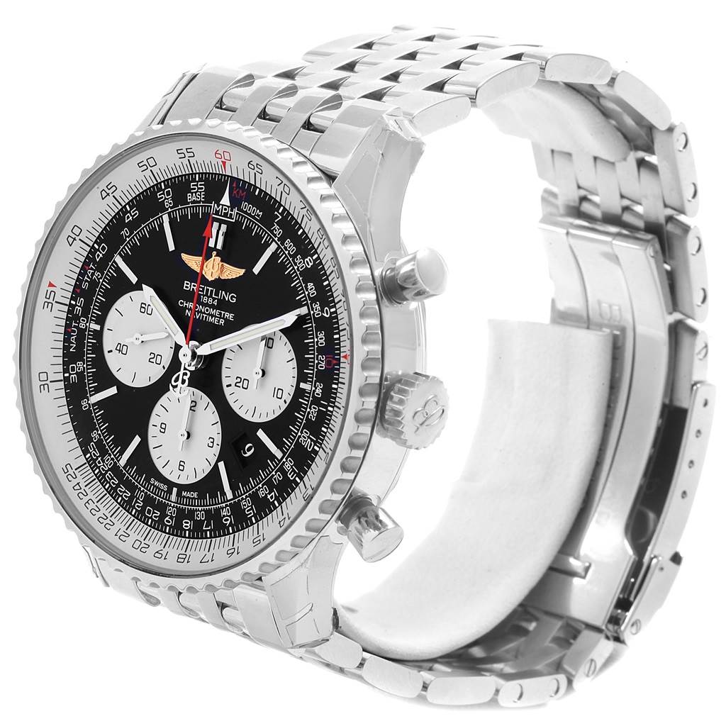 The image shows a Breitling Navitimer AB012721-BD09SS Men
s Stainless Steel Black Dial AB012721-BD09SS Men
s Stainless Steel Black Dial watch from a 3 o
clock angle, highlighting the dial, bezel, and metal bracelet.