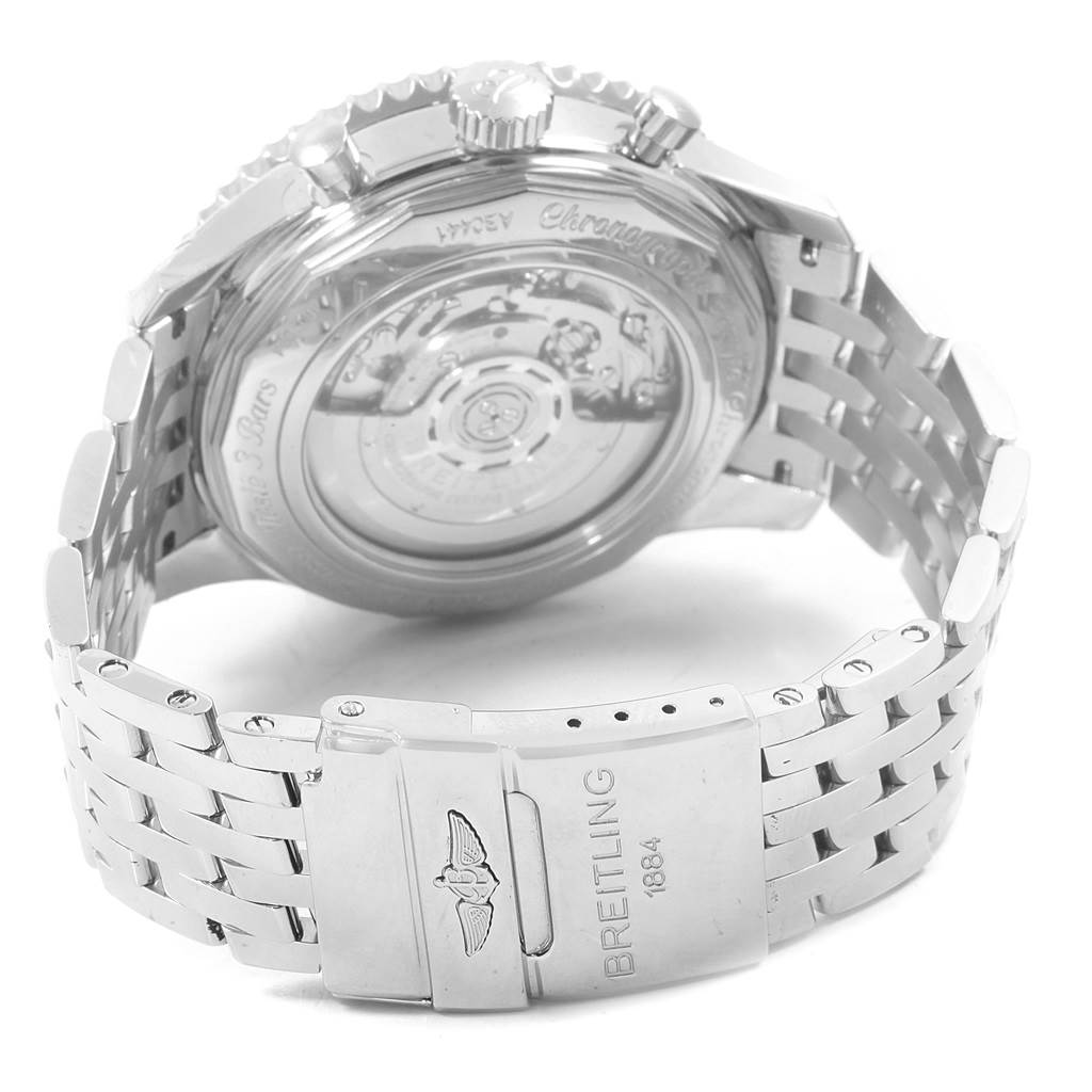 The image shows the back view of the Breitling Navitimer AB044121-G783-453A Men
s Stainless Steel Silver Dial AB044121-G783-453A Men
s Stainless Steel Silver Dial watch, highlighting its transparent case back and stainless steel bracelet.