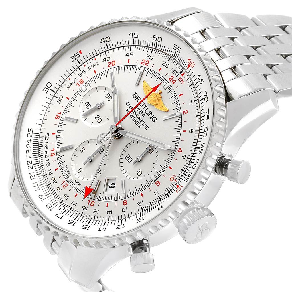 The image shows a side-angle view of the Breitling Navitimer AB044121-G783-453A Men
s Stainless Steel Silver Dial AB044121-G783-453A Men
s Stainless Steel Silver Dial watch, highlighting its face, bezel, and part of its metal band.