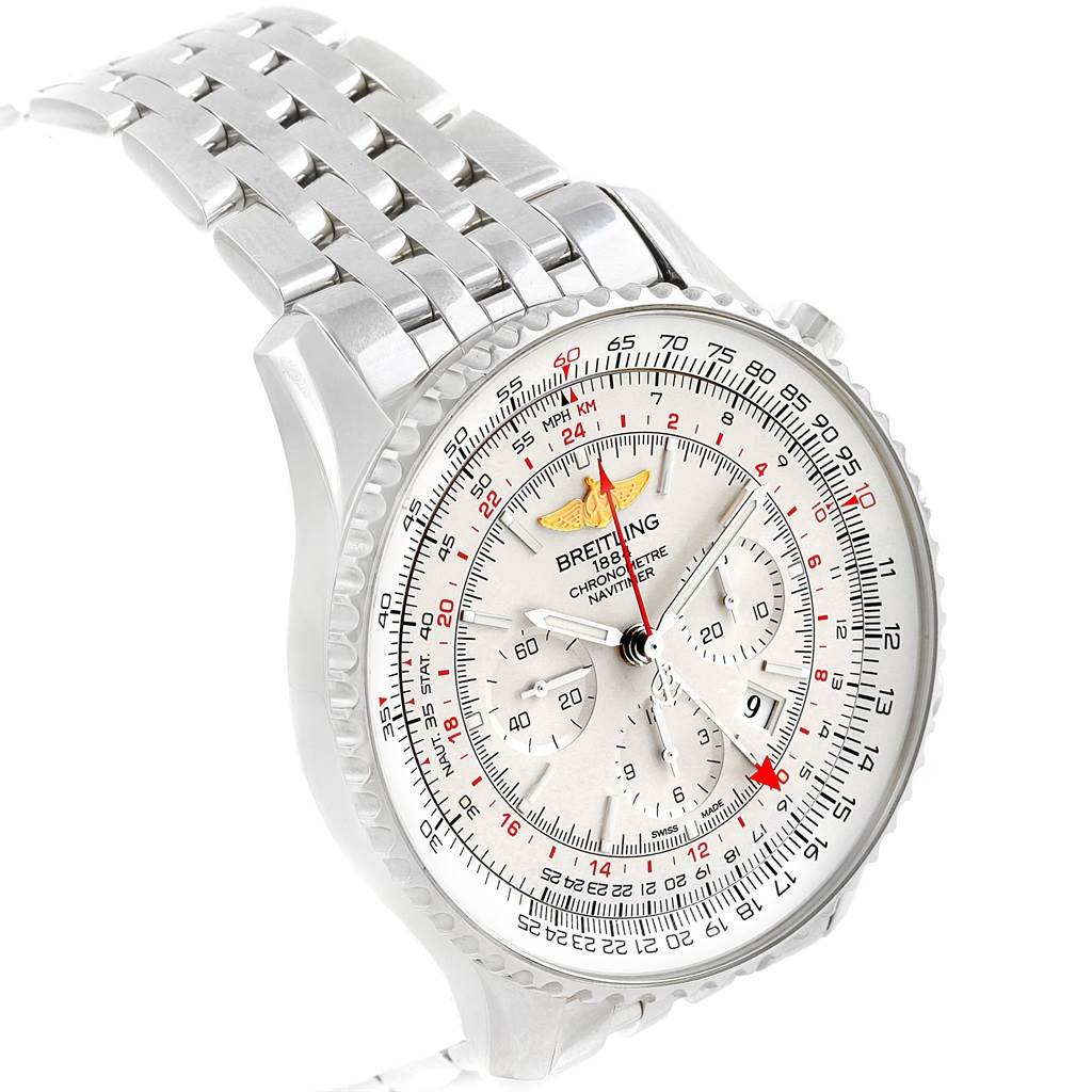 The image shows a Breitling Navitimer AB044121-G783-453A Men
s Stainless Steel Silver Dial AB044121-G783-453A Men
s Stainless Steel Silver Dial watch at an angle highlighting its face and part of its metal bracelet.