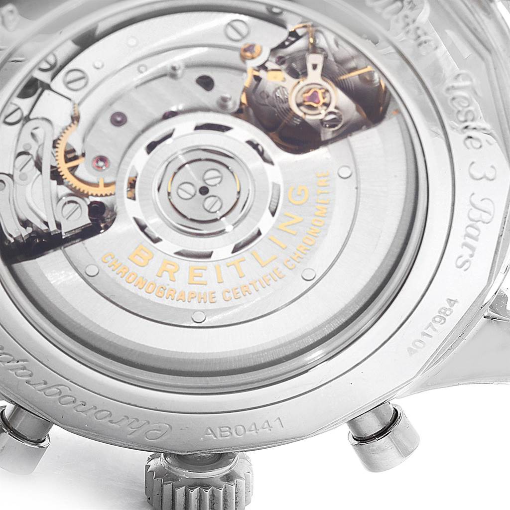 This image shows the back view of the Breitling Navitimer AB044121-G783-453A Men
s Stainless Steel Silver Dial AB044121-G783-453A Men
s Stainless Steel Silver Dial watch, highlighting its exposed movement and mechanical components.