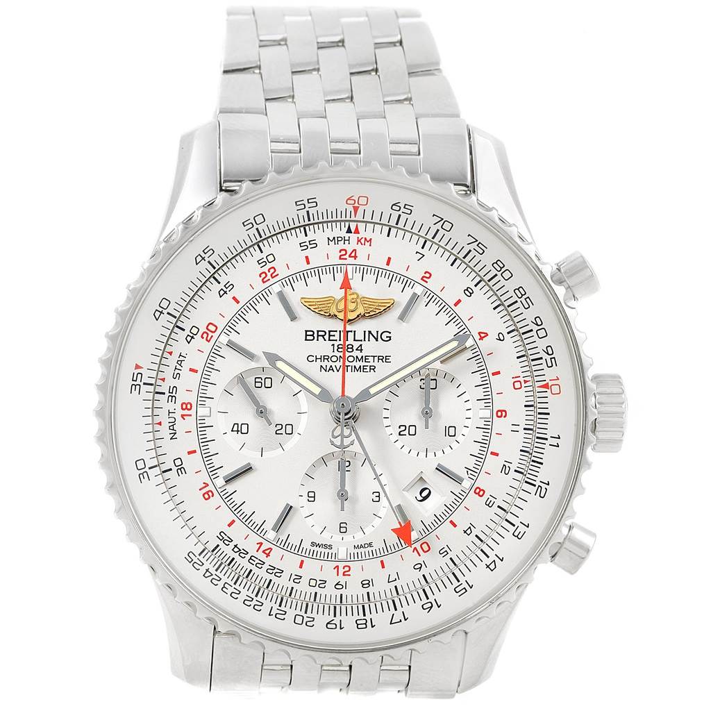 The image shows a front view of a Breitling Navitimer AB044121-G783-453A Men
s Stainless Steel Silver Dial AB044121-G783-453A Men
s Stainless Steel Silver Dial watch, focusing on the dial and bracelet.