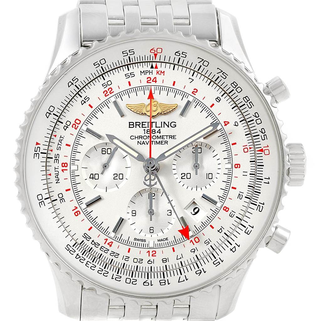 The image shows a frontal view of the Breitling Navitimer AB044121-G783-453A Men
s Stainless Steel Silver Dial AB044121-G783-453A Men
s Stainless Steel Silver Dial watch, highlighting its dial, bezel, and bracelet.