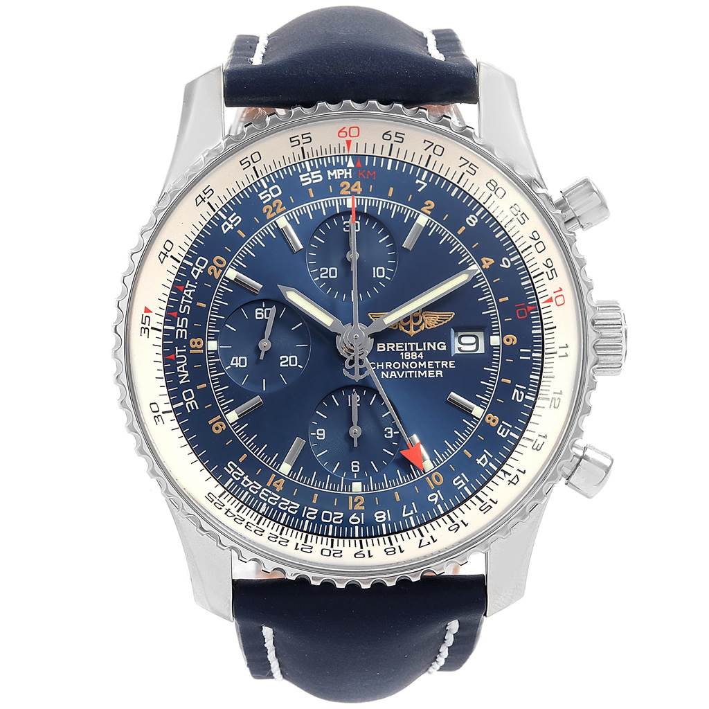 This Breitling Navitimer A24322 Men's Stainless Steel Blue Dial A24322 Men's Stainless Steel Blue Dial watch is shown from the front, highlighting its dial, bezel, crown, pushers, and strap.
