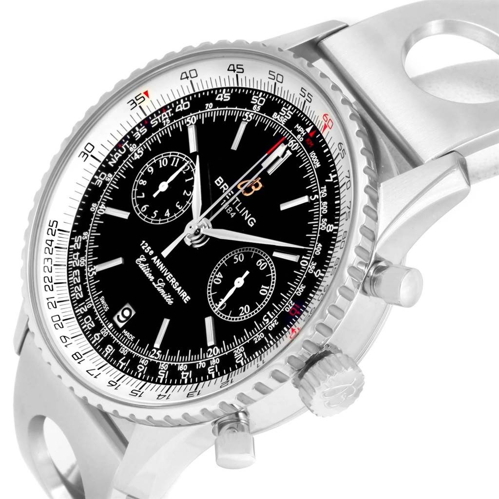 This image shows a close-up angle of a Breitling Navitimer A26322 Men's Stainless Steel Black Dial A26322 Men's Stainless Steel Black Dial watch, featuring its bezel, dial, subdials, and crown.