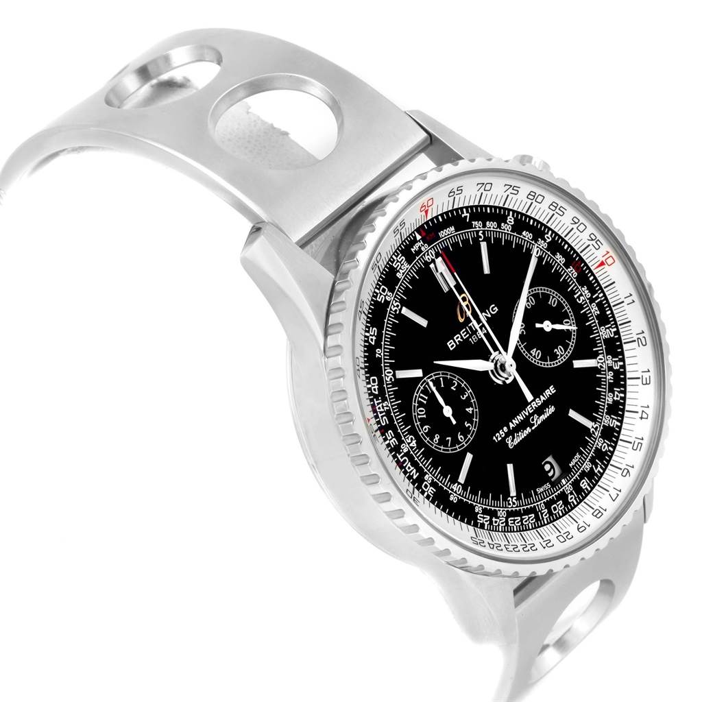 The Breitling Navitimer A26322 Men's Stainless Steel Black Dial A26322 Men's Stainless Steel Black Dial watch is shown at a tilted angle, highlighting its face and partial stainless steel bracelet.