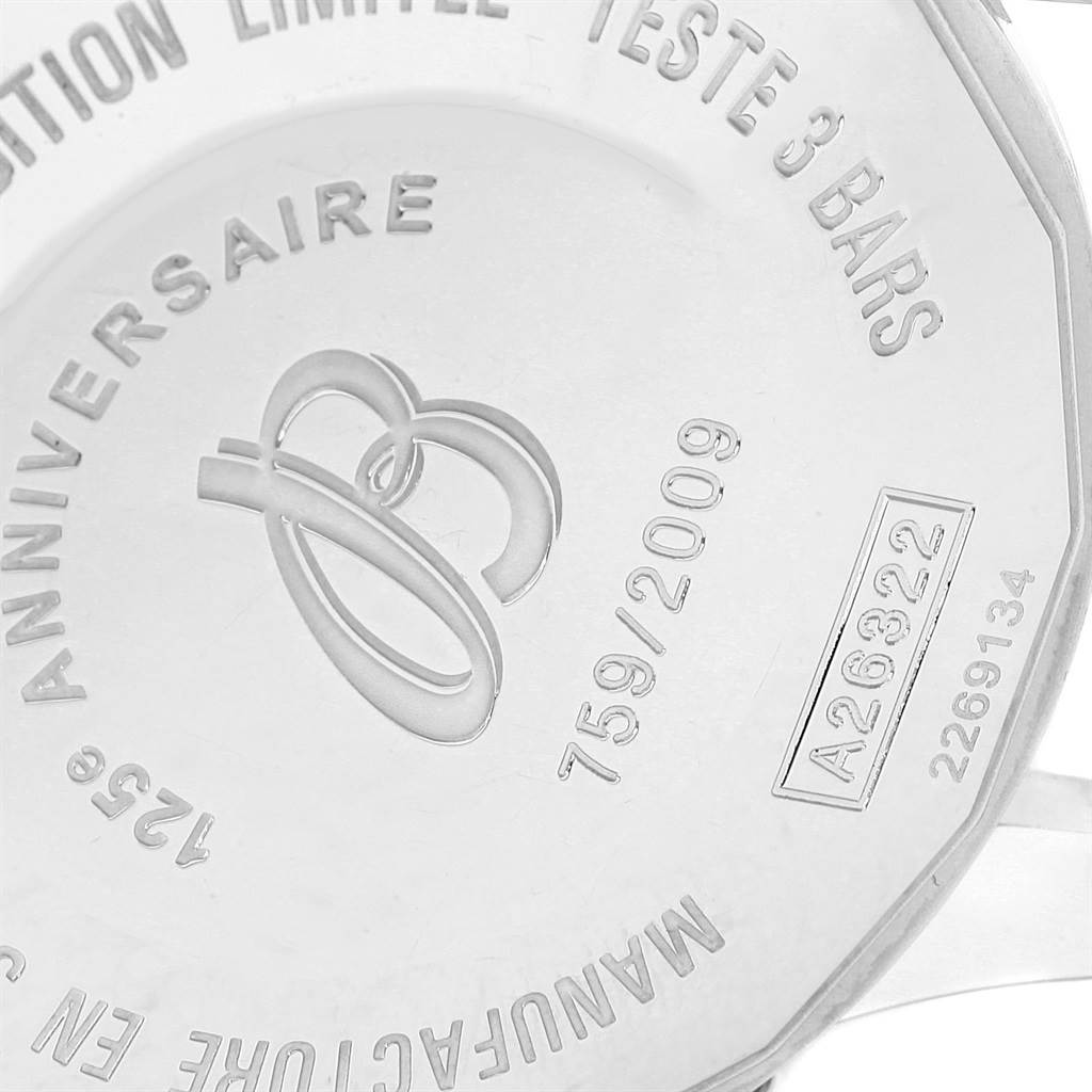 The image shows the engraved back case of a Breitling Navitimer A26322 Men's Stainless Steel Black Dial A26322 Men's Stainless Steel Black Dial watch at a close-up angle.