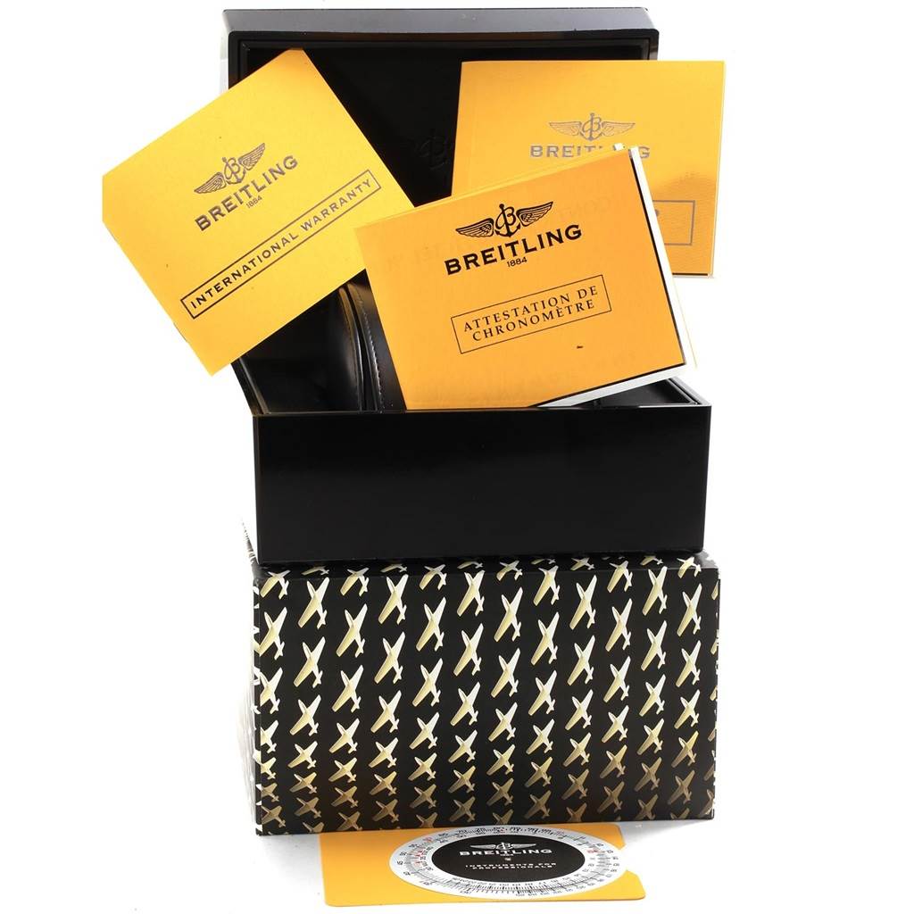 The image shows a Breitling Navitimer A26322 Men's Stainless Steel Black Dial A26322 Men's Stainless Steel Black Dial box and documents, including warranty and chronometer certification, viewed from the front.