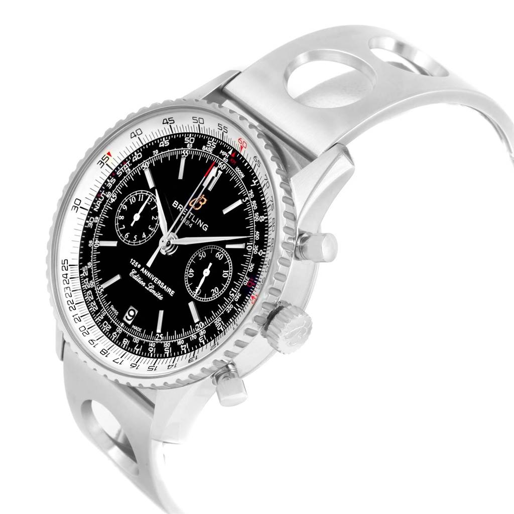 This image shows a Breitling Navitimer A26322 Men's Stainless Steel Black Dial A26322 Men's Stainless Steel Black Dial watch at a three-quarter angle, highlighting the dial, bezel, crown, pushers, and bracelet.