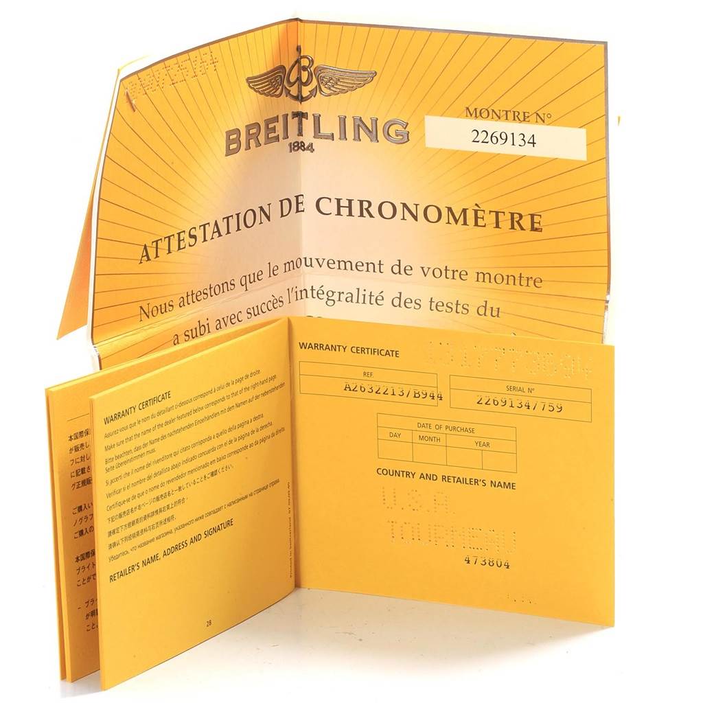 The image shows a Breitling Navitimer A26322 Men's Stainless Steel Black Dial A26322 Men's Stainless Steel Black Dial warranty certificate and chronometer certification documents from an angle displaying the open booklet.