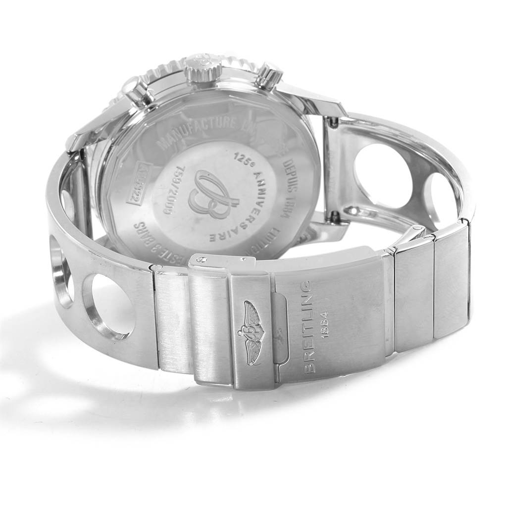 This image shows the back case and bracelet of the Breitling Navitimer A26322 Men's Stainless Steel Black Dial A26322 Men's Stainless Steel Black Dial watch at a slight angle.