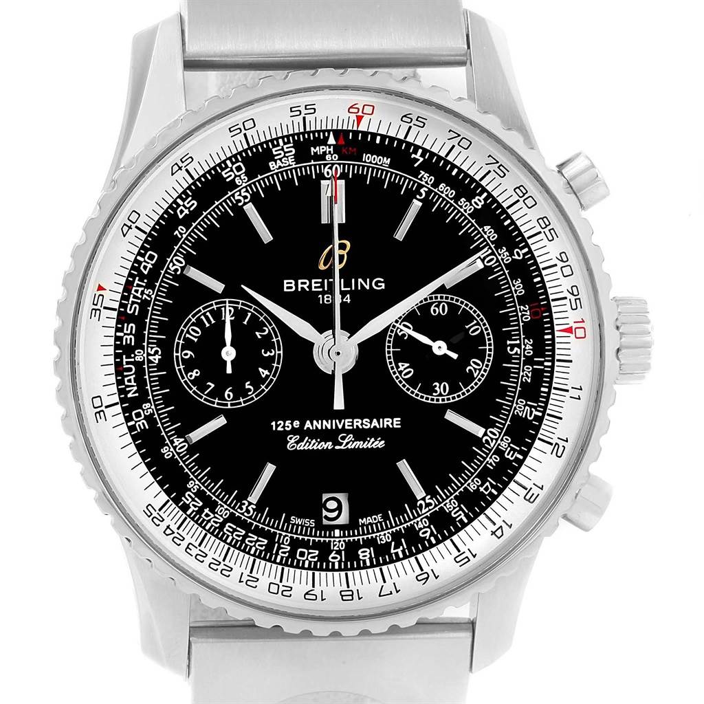 The image shows a front view of a Breitling Navitimer A26322 Men's Stainless Steel Black Dial A26322 Men's Stainless Steel Black Dial 125e Anniversaire Edition Limitée watch, featuring the dial, bezel, and crown.