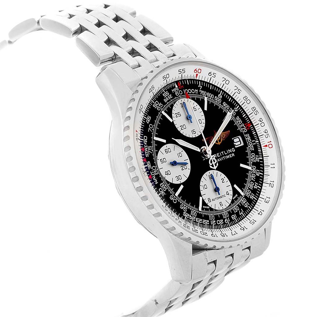 The image shows a side angle of the Breitling Navitimer A13322 Men
s Stainless Steel Black Dial A13322 Men
s Stainless Steel Black Dial watch, showcasing its face, case, and metal bracelet.
