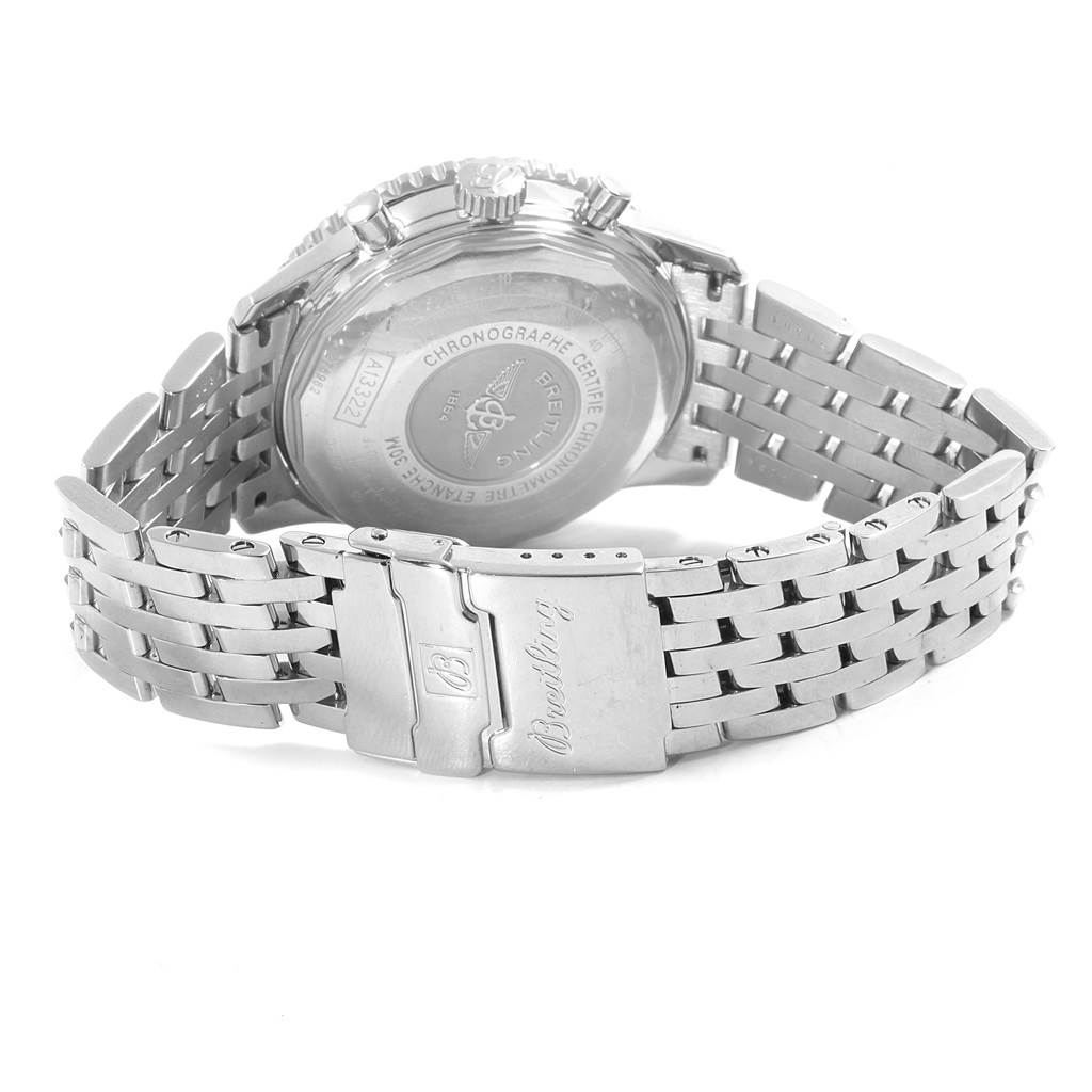 The image shows the back case and clasp of a Breitling Navitimer A13322 Men
s Stainless Steel Black Dial A13322 Men
s Stainless Steel Black Dial watch, highlighting the detailed bracelet design.