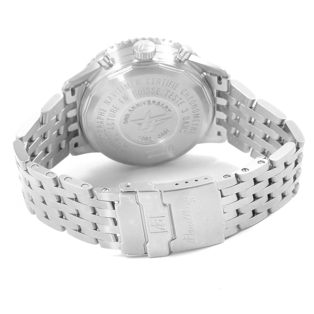 The image shows the back case and stainless steel bracelet of a Breitling Navitimer A41322 Men's Stainless Steel Silver Dial A41322 Men's Stainless Steel Silver Dial watch, with the clasp visible.