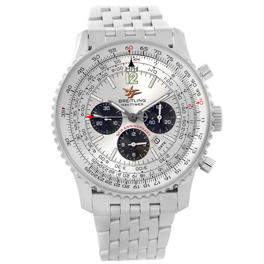The image shows a front view of a Breitling Navitimer A41322 Men's Stainless Steel Silver Dial A41322 Men's Stainless Steel Silver Dial watch, displaying the dial, chronograph subdials, and bracelet.