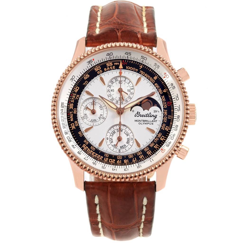 The image shows the front view of a Breitling Navitimer R19350 Men's Rose Gold Silver Dial R19350 Men's Rose Gold Silver Dial Montbrillant Olympus watch with a brown leather strap.
