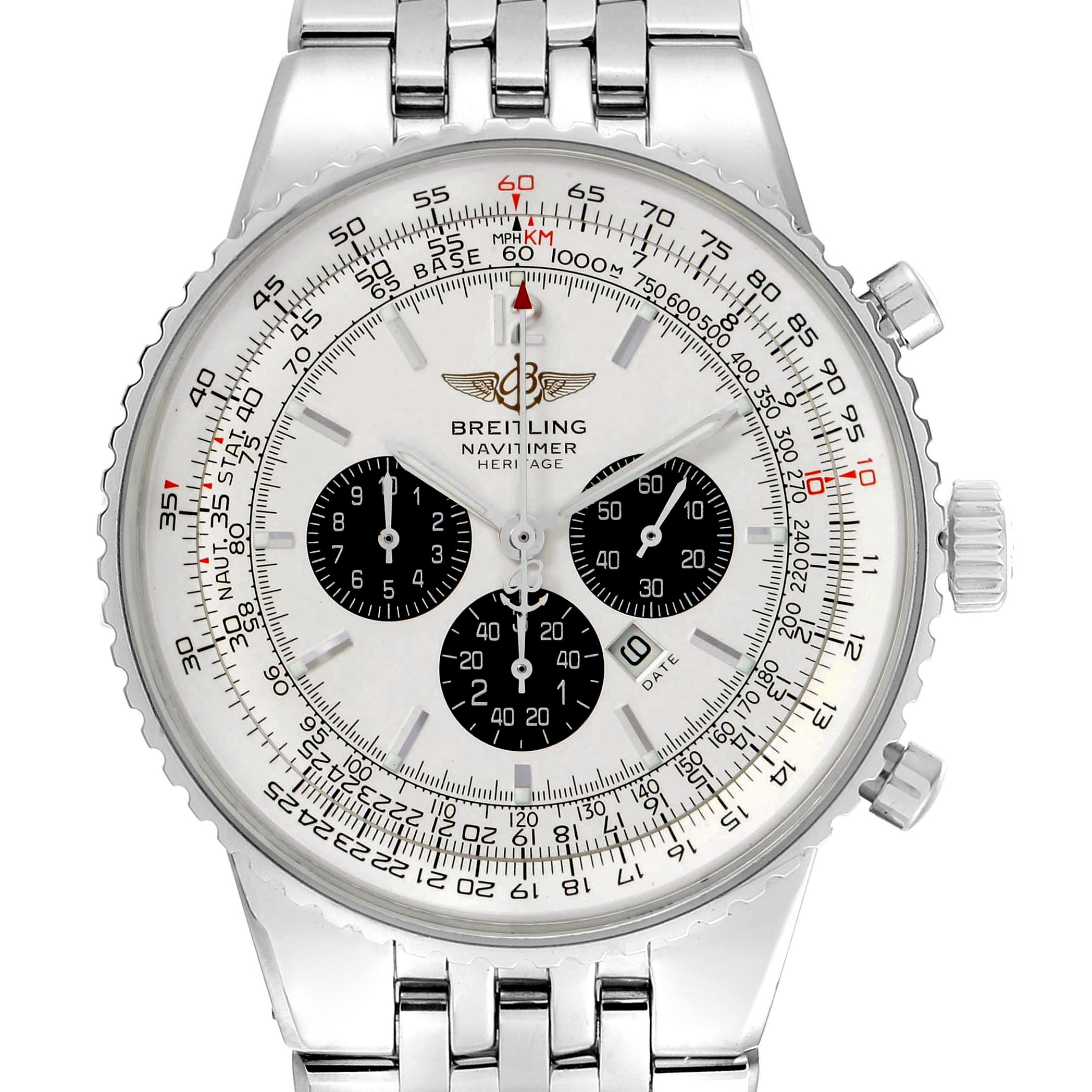 The image shows a front view of a Breitling Navitimer A35340 Men's Stainless Steel Silver Dial A35340 Men's Stainless Steel Silver Dial watch, highlighting its dial, three subdials, and a metal bracelet.